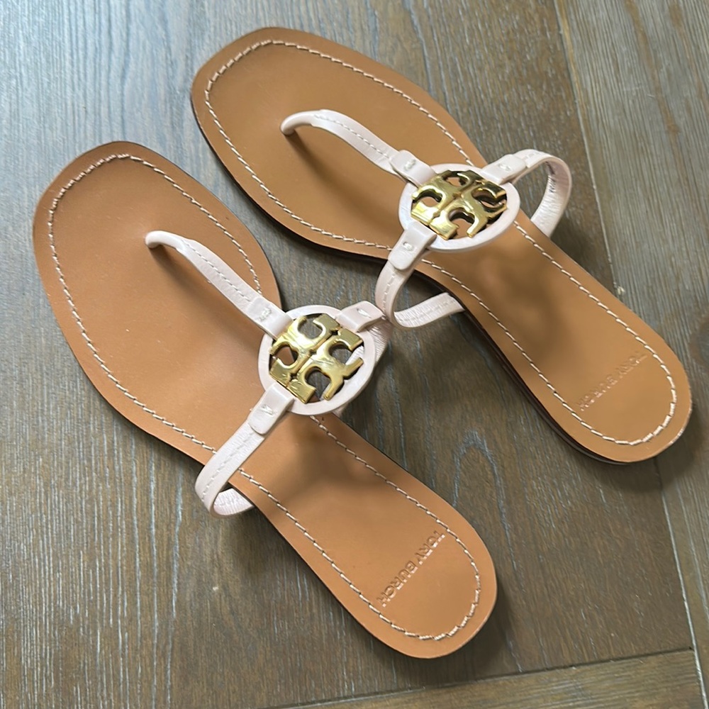 Tory Burch White Leather Miller Thong Sandals with Gold Logo